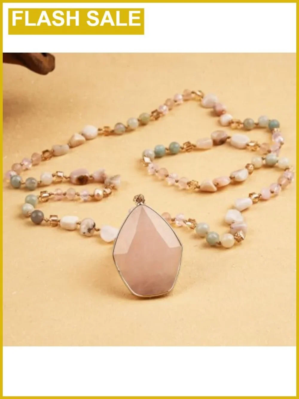 Boho Long Beaded Necklace Natural Stone Crystal Pendant 31.5in